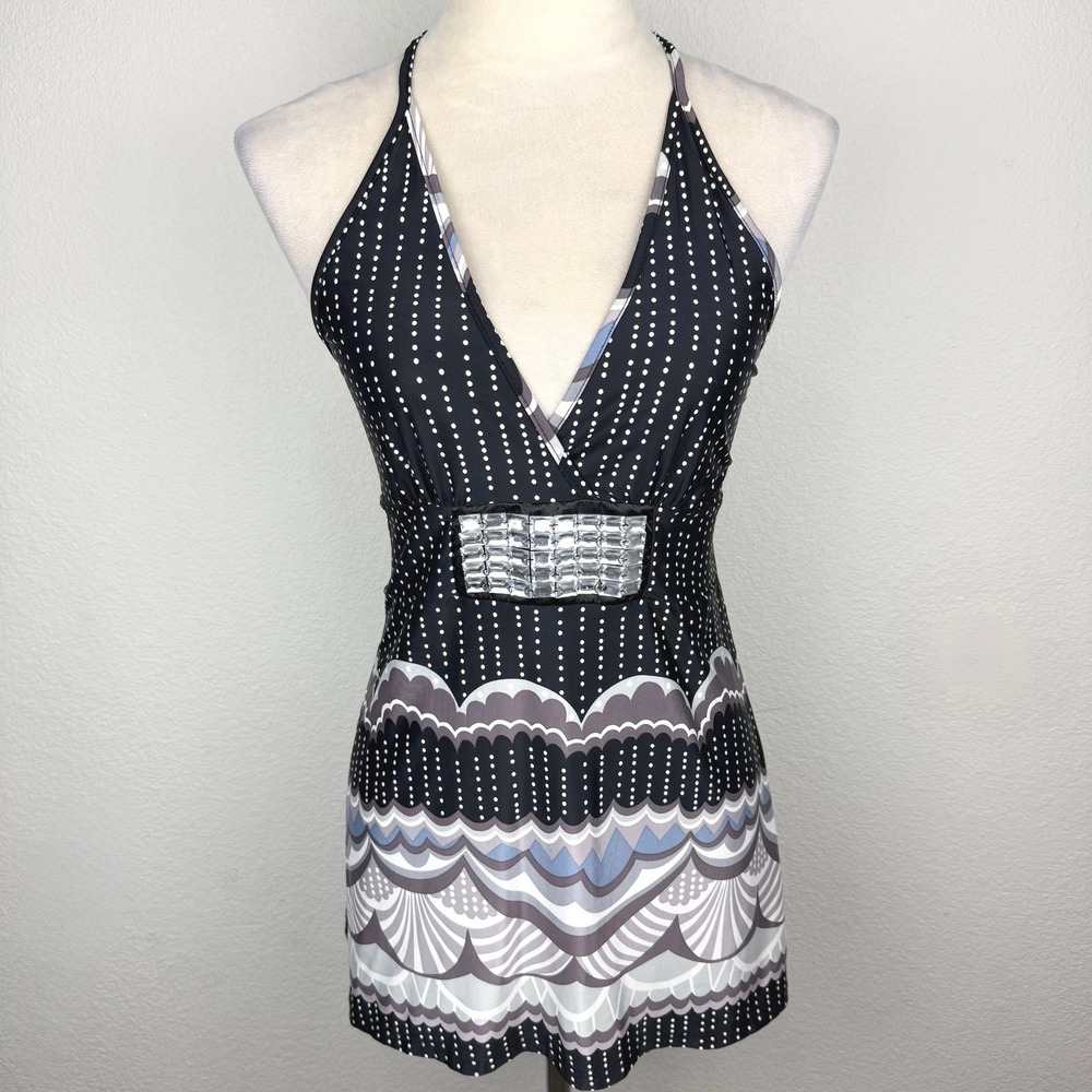 Y2K Filati Womens Halter Top Rhinestone Black White Polka Dot Geometric Babydoll